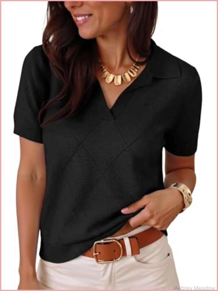 Short Sleeve V-Neck Knit Sweater Polo Collar Work Top